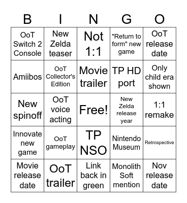 Zelda Direct Bingo Card