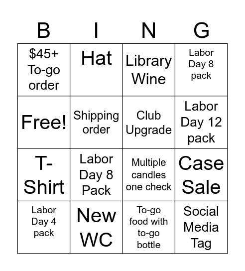 Labor Day Bingo Card