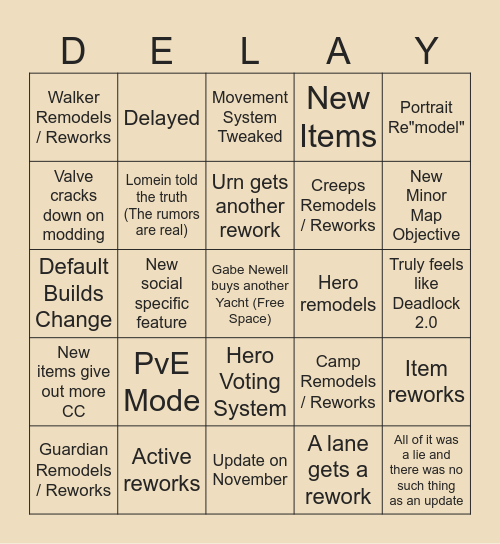 Deadlock Update Bingo Card
