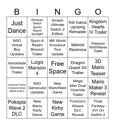 Nintendo Direct Bingo Card