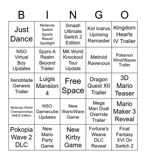 Nintendo Direct Bingo Card