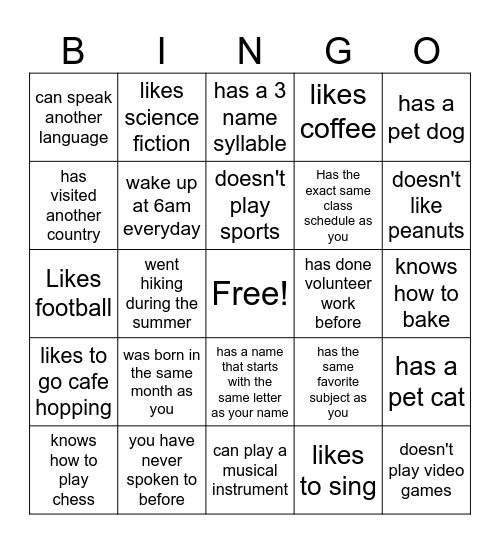 Back To School Bingo (Find Someone Who...) Bingo Card