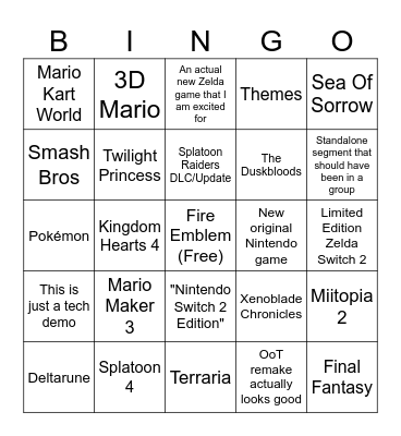 Nintendo Direct 9/9/2026 Bingo Card