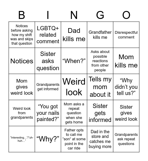 Car Ride/Rest of the Day Bingo Card