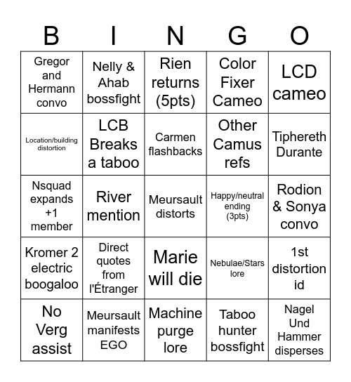 Canto X Bingo Card