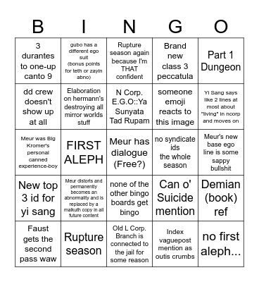 canto 10 TRUST ME Bingo Card