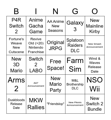 9/10 Nintendo Direct Predictions Bingo Card