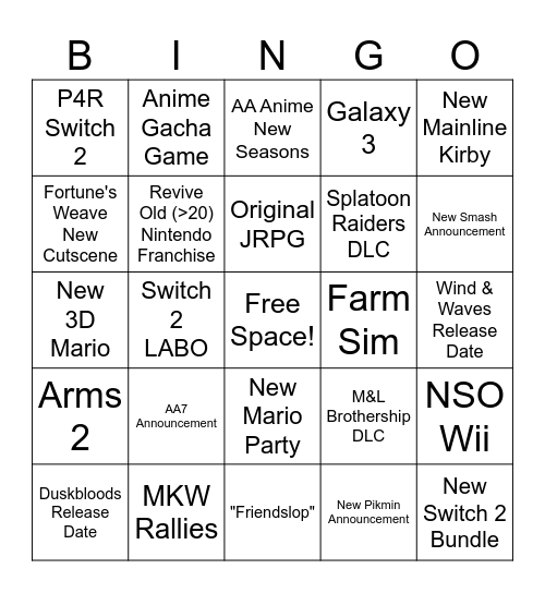 9/10 Nintendo Direct Predictions Bingo Card