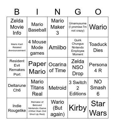 F7's Crazy Direct Bingo Card