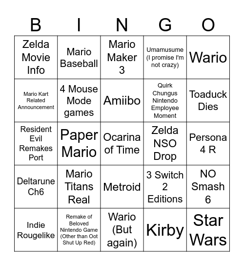 F7's Crazy Direct Bingo Card