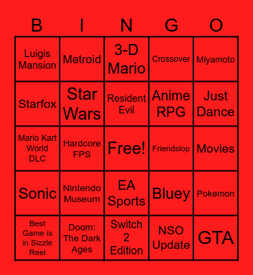 Nintendo Direct Predictions Bingo Card