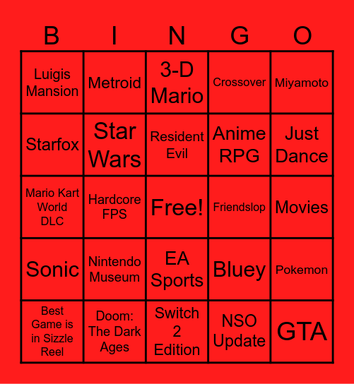 Nintendo Direct Predictions Bingo Card