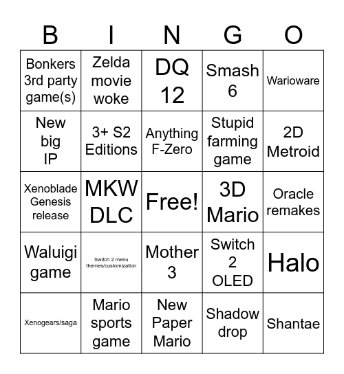 Nintendo Direct Bingo Card