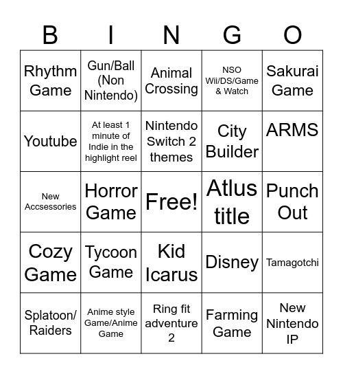 Nintendo Direct 9/9 Bingo Card