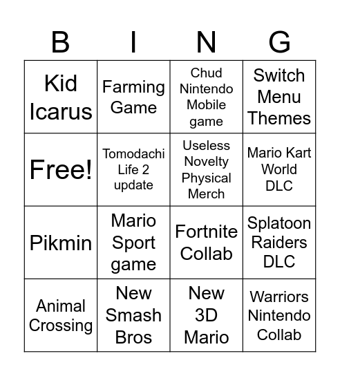 Pre Kirk Nintendo Direct Predictions Bingo Card