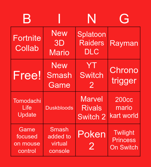 Marcos Nintendo Direct Predictions Bingo Card