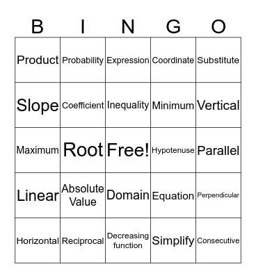 Algebra Bingo Card