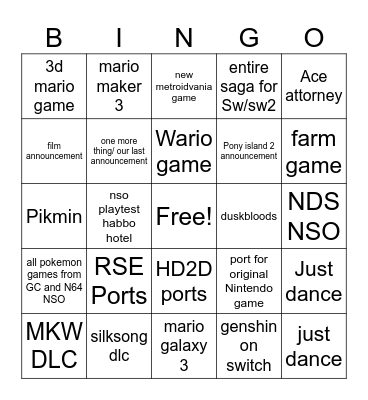 Nintendo Direct Bingo Card