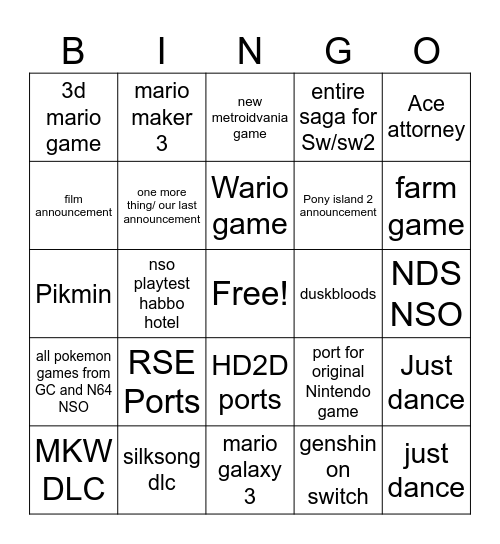 Nintendo Direct Bingo Card