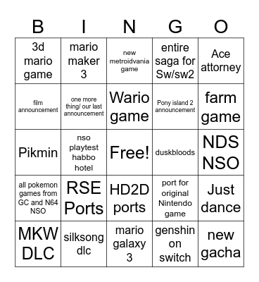 Nintendo Direct Bingo Card