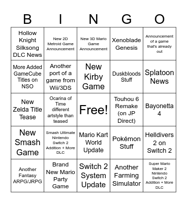 Nintendo September Direct 2026 Bingo Card