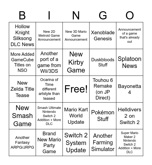 Nintendo September Direct 2026 Bingo Card