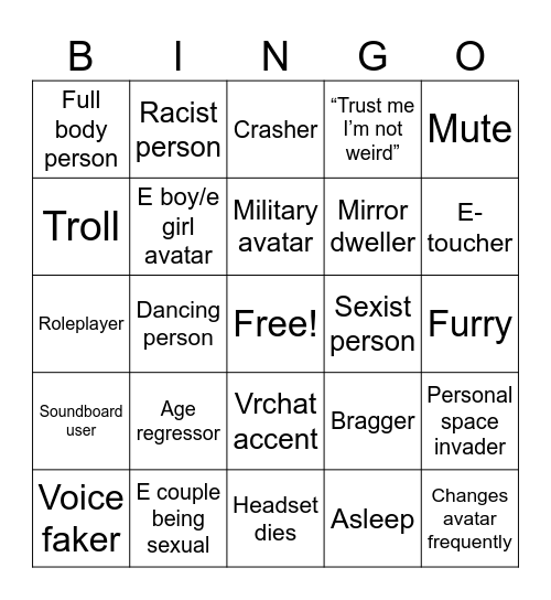 Vrchat bingo Card