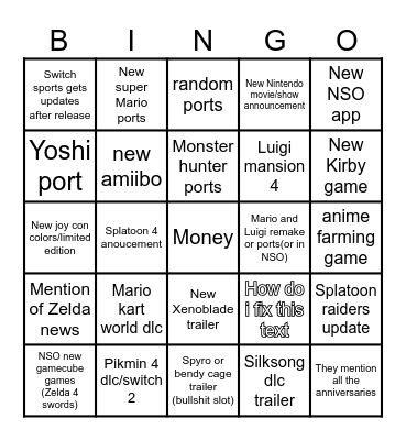 Nintendo Direct Predictions 10/9/26 Bingo Card