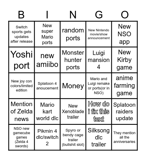 Nintendo Direct Predictions 10/9/26 Bingo Card
