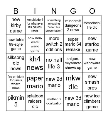 Nintendo Direct 9/9/2026 Bingo Card