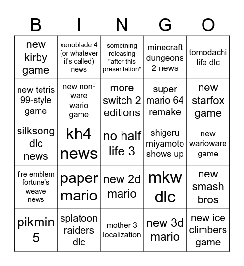 Nintendo Direct 9/9/2026 Bingo Card