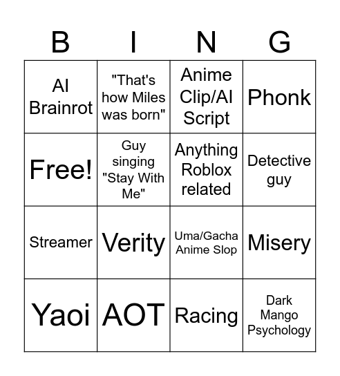 Milky's Cursed FYP Bingo Card
