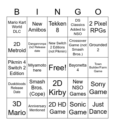 Nintendo Direct September 2026 Bingo Card