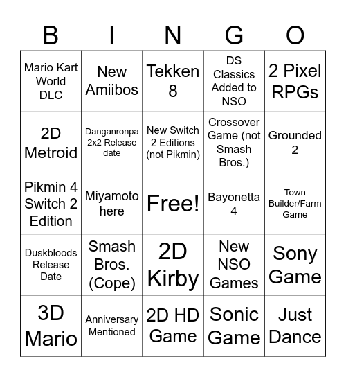 Nintendo Direct September 2026 Bingo Card