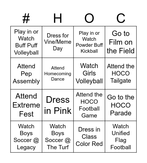 Smoky Hill Homecoming Bingo Card