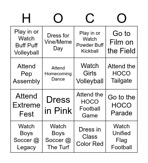 Smoky Hill Homecoming Bingo Card