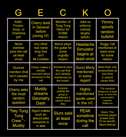 Gecko Talk Discord VC Bingo! Bingo Card
