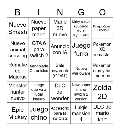 Nintendo direct sensei sama desa Bingo Card