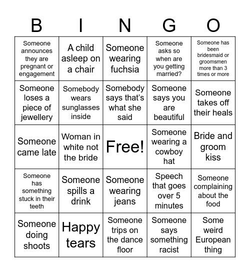 Bingo: Vlancy's wedding edition Bingo Card