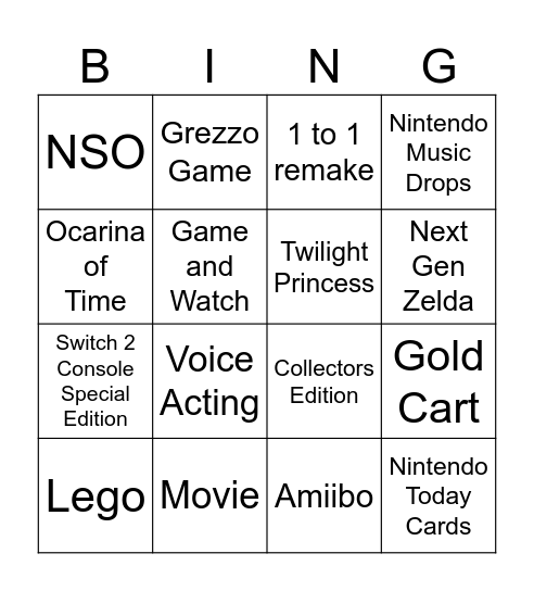 Zelda Direct Bingo Card