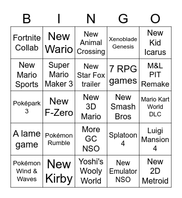 Nintendo Direct 9/9/26 Bingo Card