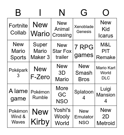 Nintendo Direct 9/9/26 Bingo Card