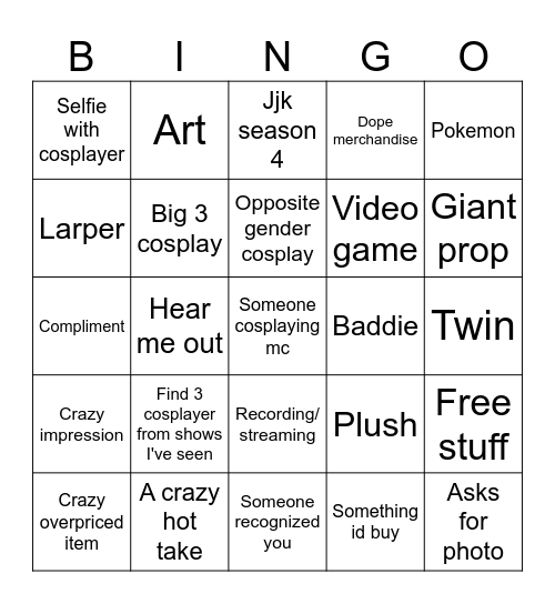 Comic con 2027 Bingo Card