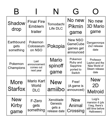 Nintendo Direct Sept 9th Bingo Card