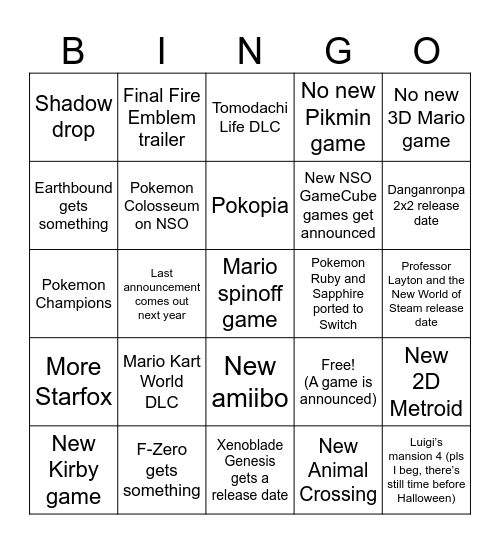 Nintendo Direct Sept 9th Bingo Card