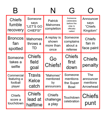 Chiefs Kingdom Bingo Card