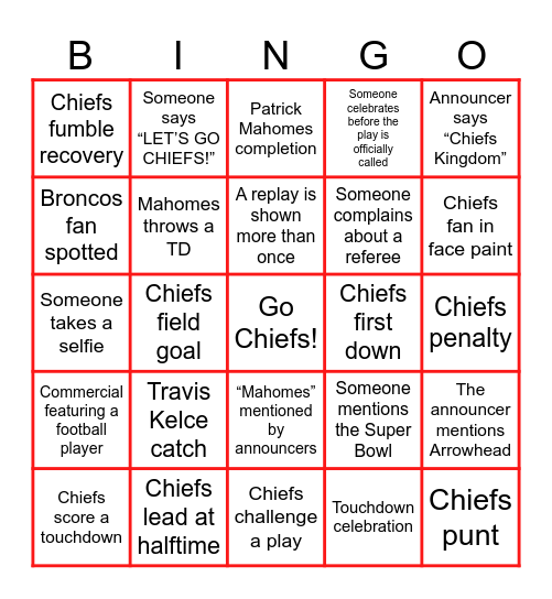 Chiefs Kingdom Bingo Card