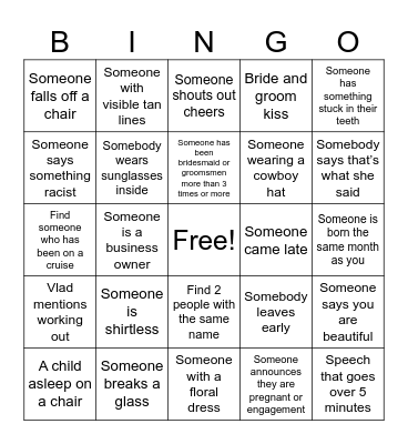 Bingo: Vlancy's wedding edition Bingo Card