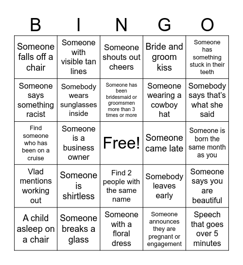 Bingo: Vlancy's wedding edition Bingo Card