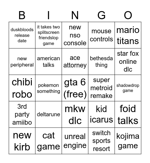 regular direct Bingo Card